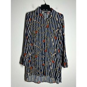 Marquis Women’s Blouse Size S Blue Brown Chain Pattern Button Down Long Sleeve
